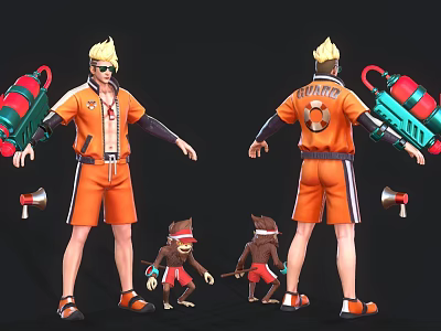 Game Character In Orange Outfit With TORNADO Print Green Red Weapon And Small Monkeys 3d model