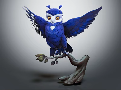 Blue Flying Owl with Spread Wings Perched on Tree Branch and Large Eyes 3d model
