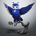Blue Flying Owl with Spread Wings Perched on Tree Branch and Large Eyes