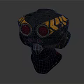 Black Sci Fi Helmet With Red Circular Lenses Yellow Geometric Patterns And Metal Components