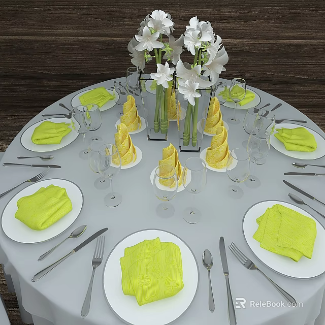 Elegant Tableware Set With White Plates Yellow Napkins And Wine Glasses On Dining Table 3d model 