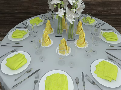 Elegant Tableware Set With White Plates Yellow Napkins And Wine Glasses On Dining Table 3d model