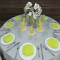 Elegant Tableware Set With White Plates Yellow Napkins And Wine Glasses On Dining Table