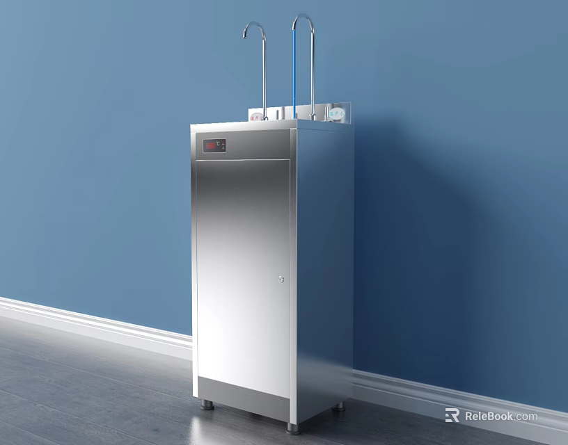 Floor Standing Stainless Steel Water Dispenser With Dual Taps And Display Against Blue Wall 3d model 