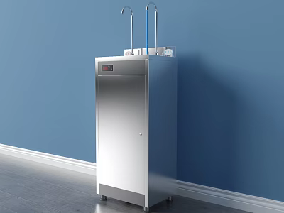 Floor Standing Stainless Steel Water Dispenser With Dual Taps And Display Against Blue Wall 3d model