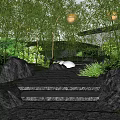 Residential Landscape With Bamboo Stone Path Lanterns And Lattice Window Green Plants