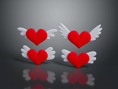 Red Hearts With White Wings On Dark Background With Reflections 3d model