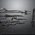 Various Futuristic Weapons With Metallic Structure And Orange Accents