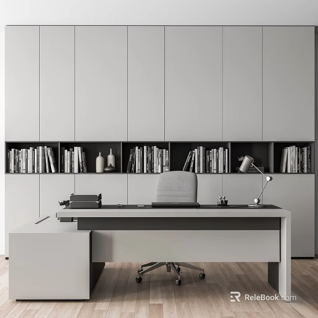 Modern Office Desk With White Cabinets Bookshelves Books Decorative Items Gray Chair And Table Lamp 3d model 