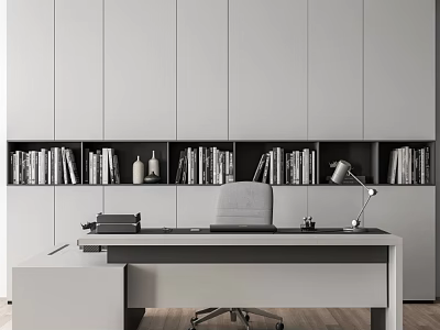 Modern Office Desk With White Cabinets Bookshelves Books Decorative Items Gray Chair And Table Lamp 3d model