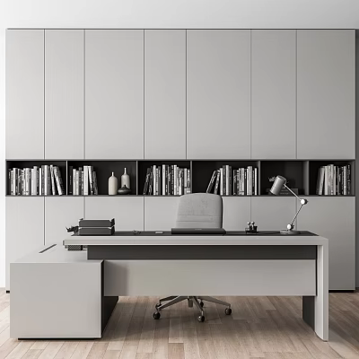 Modern Office Desk With White Cabinets Bookshelves Books Decorative Items Gray Chair And Table Lamp 3d model