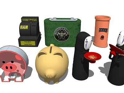 Cute Decorative Ornament Set With Piggy Bank No Face Figure And Colorful Containers 3d model