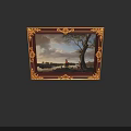 Oil Painting in Golden Ornate Frame with Landscape Scene Tree Sky and Figure