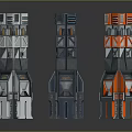 Three Futuristic Tower Structures With Gray Blue And Orange Geometric Layered Designs