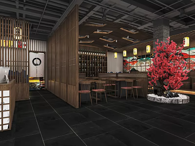 Traditional Japanese Restaurant Interior With Wooden Partitions Lanterns Red Flower And Bar Seats 3d model