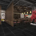 Traditional Japanese Restaurant Interior With Wooden Partitions Lanterns Red Flower And Bar Seats