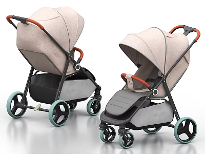 Modern Functional Stroller With Beige Gray Design Orange Handles And Green Wheels 3d model