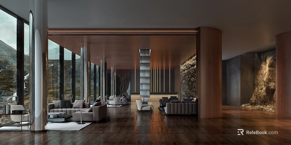 Modern Coffee Shop Interior With Open Layout Comfortable Seating Wooden Decor And Large Windows 3d model 