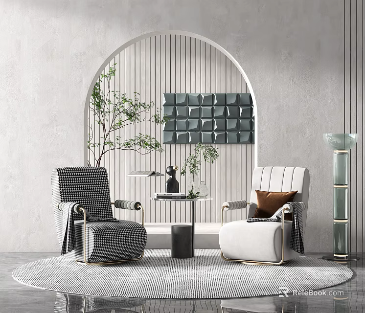 Modern Comfortable Leisure Sofa Set With Coffee Table Pillows And Green Plants 3d model 