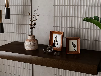 Decorative Ornament Set with Ceramic Vase Dried Flowers Photo Frames and Items on Wooden Shelf 3d model