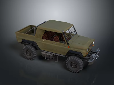 Military Green Off Road Pickup Truck With Large Tires Open Cargo Bed And Wooden Seats 3d model