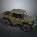 Military Green Off Road Pickup Truck With Large Tires Open Cargo Bed And Wooden Seats