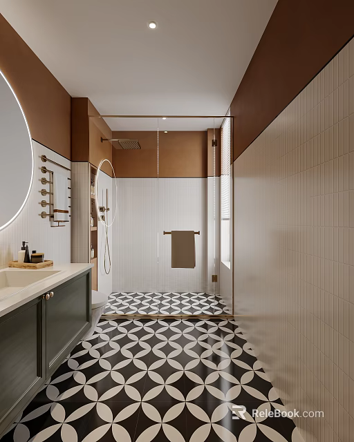 Modern Bathroom Interior With Patterned Flooring Round Mirror And Warm Tones 3d model 