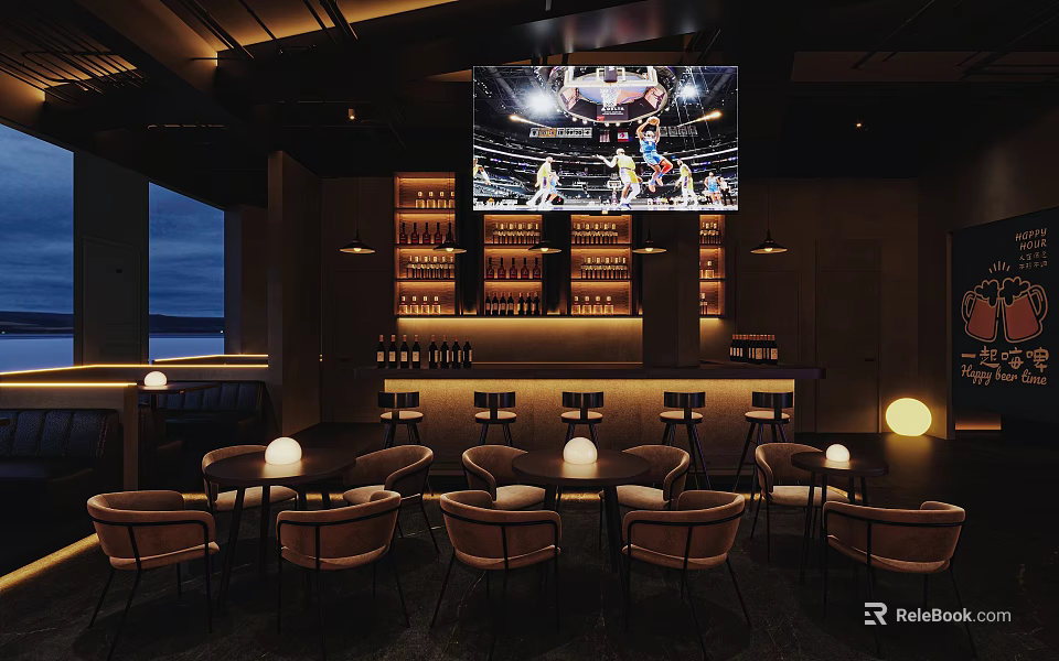 Modern Bar Interior With Large Screen Wine Shelves Bar Counter And Ambient Lighting 3d model 