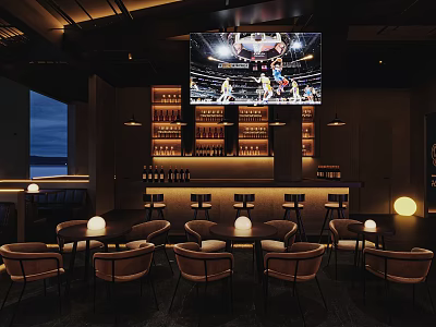 Modern Bar Interior With Large Screen Wine Shelves Bar Counter And Ambient Lighting 3d model