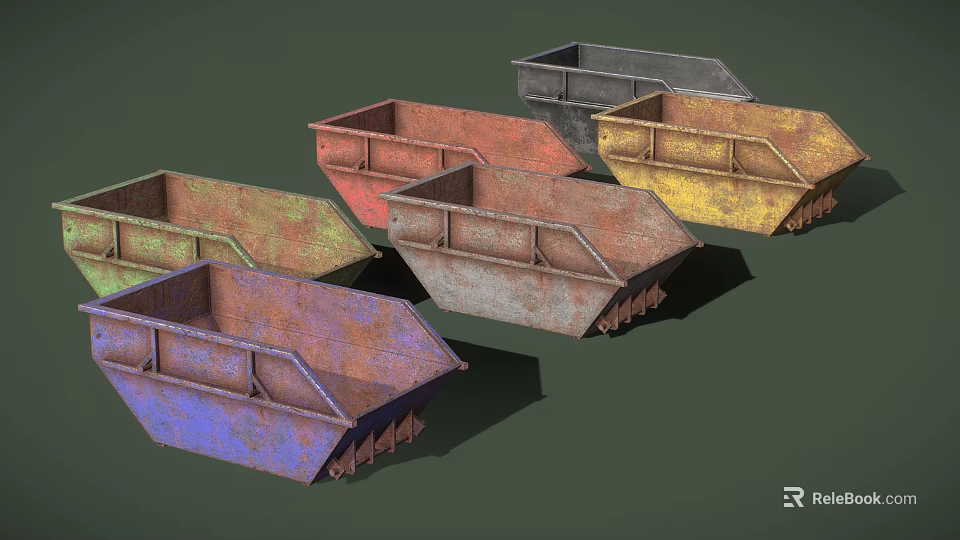 Multiple Rusted Industrial Waste Bins In Various Colors For Construction Areas 3d model 