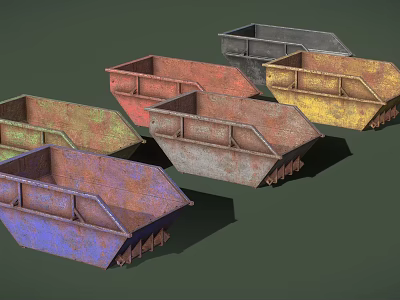 Multiple Rusted Industrial Waste Bins In Various Colors For Construction Areas 3d model