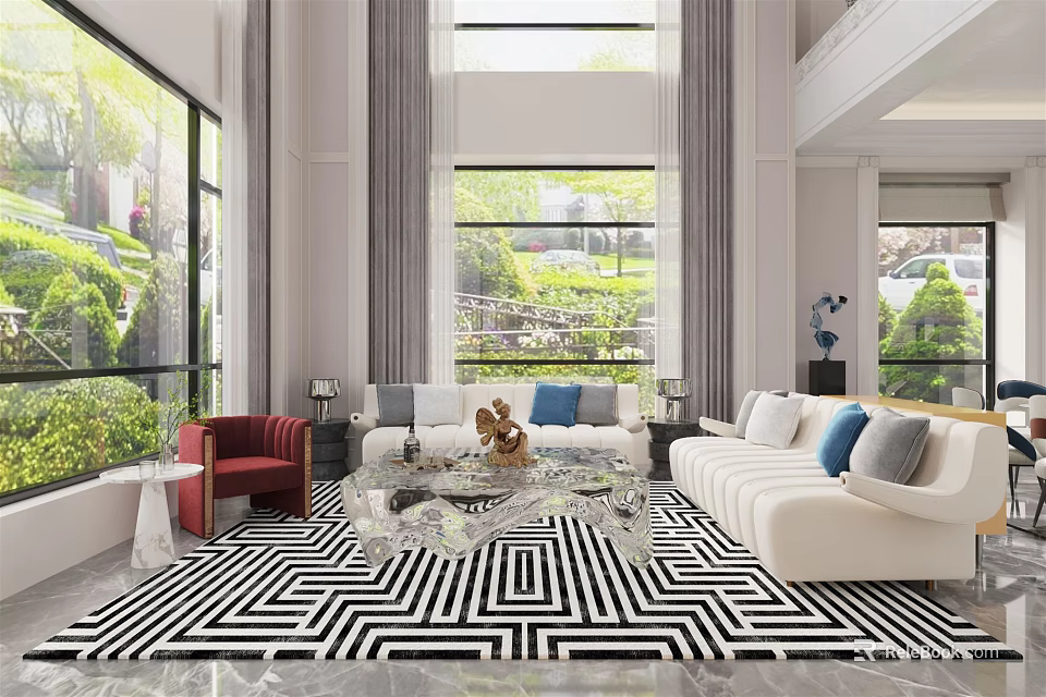 Duplex Living Room Interior With Large Windows Green Plant View And Black White Geometric Rug 3d model 