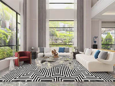 Duplex Living Room Interior With Large Windows Green Plant View And Black White Geometric Rug 3d model