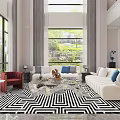 Duplex Living Room Interior With Large Windows Green Plant View And Black White Geometric Rug