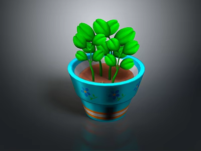 Green Potted Plant With Fresh Leaves In Blue Flower Patterned Pot With Orange Stripes 3d model