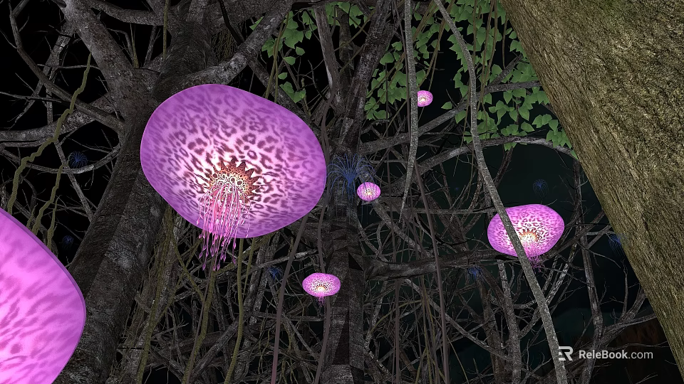 Vibrant Purple Leopard Patterned Jellyfish Hanging Among Tree Branches With Green Leaves At Night 3d model 