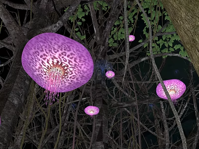 Vibrant Purple Leopard Patterned Jellyfish Hanging Among Tree Branches With Green Leaves At Night 3d model