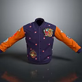 Stylish Purple Jacket With Orange Sleeves Star Patterns And Decorative Emblems