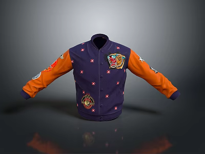 Stylish Purple Jacket With Orange Sleeves Star Patterns And Decorative Emblems 3d model