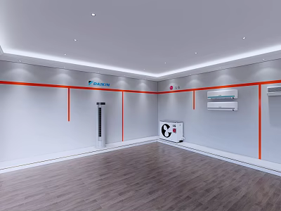 Interior Space With White Walls Orange Accent Lines Wooden Flooring And Air Conditioners 3d model