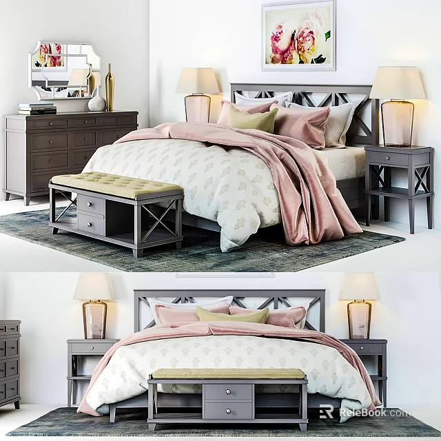Modern Double Bed Interior With Bedside Tables Lamps Pink Blanket And Bench 3d model 