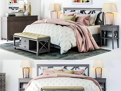 Modern Double Bed Interior With Bedside Tables Lamps Pink Blanket And Bench 3d model