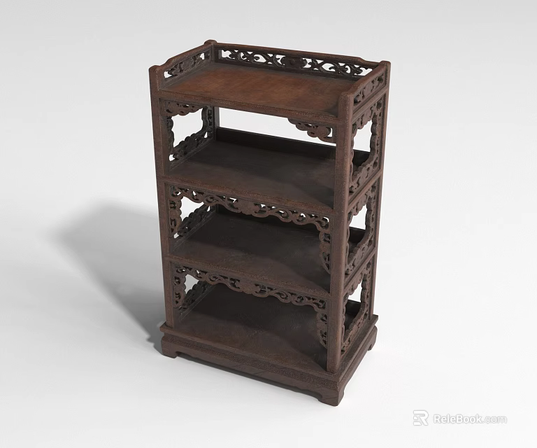 Elegant Chinese Style Wooden Multi Tiered Carved Shelf With Decorative Patterns 3d model 