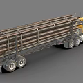 Yellow Heavy Duty Truck Transporting Logs on Large Trailer with Metal Racks