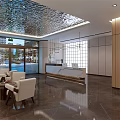 Hotel Lobby Interior With Shiny Ceiling Marble Floor Seating Area Indoor Plant And Large Windows