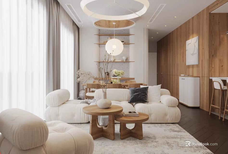 Modern Living Dining Room Interior With White Sofa Coffee Tables Wooden Walls And Ceiling Lights 3d model 
