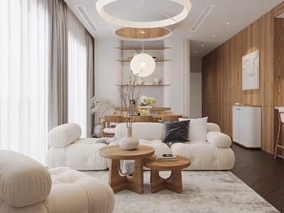 Modern Living Dining Room Interior With White Sofa Coffee Tables Wooden Walls And Ceiling Lights 3d model
