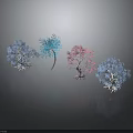 Four Colorful Plants in Blue Light Blue Pink Dark Blue with Dark Background and Reflections