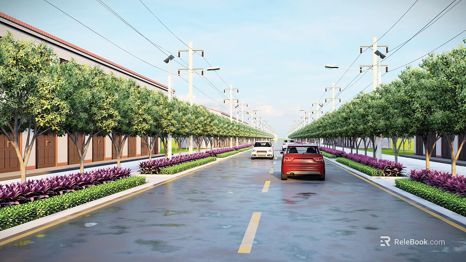 Municipal Road With Trees Green Belts Street Lamps And Vehicles On Wet Pavement 3d model 