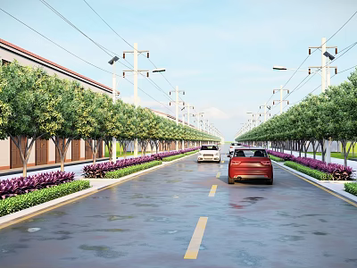 Municipal Road With Trees Green Belts Street Lamps And Vehicles On Wet Pavement 3d model